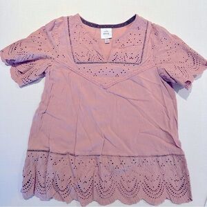 Knox Rose Mauve Pink Eyelet Lace Scalloped Hem Short Sleeve Top Size Small